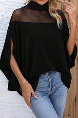 Mesh-paneled Batwing Sleeve High-neck Loose Top