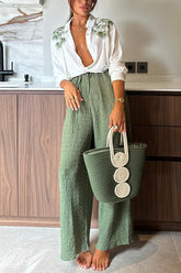 Tropical Calling Linen Blend Unique Print Loose Blouse and Elastic Waist Pocket Pants Set