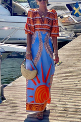 Boho Style Unique Printed Backless Strappy Maxi Dress