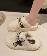 White Faux Fur Slippers Shoes Splicing Nail Bead