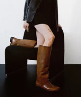 Brown Chunky Cowhide Leather Splicing Boots