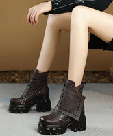 Hollow Out Chunky Boots Khaki Cowhide Leather