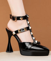 Black Rivet High Heel Sheepskin Platform Sandals