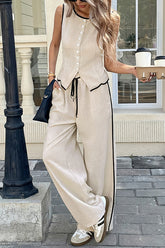 Color-blocked Trim Sleeveless Button Vest and Elastic Waist Pocket Casual Wide-leg Pants Suit