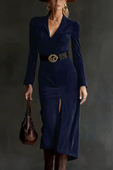 Suede V-neck Long-sleeved Slim-fit Slit Midi Dress