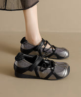 Splicing Platform Flat Shoes Black Cowhide Leather Lace Up