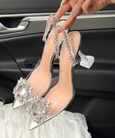 Silver Clear High Heel Sandals Pointed Toe Unique Splicing Zircon