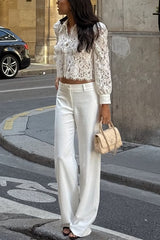 Paris Trends Floral Lace Puff Shoulder Button Long Sleeve Blouse