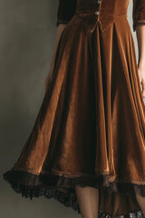 Velvet and Lace Patchwork V-neck Button Midi Dress