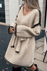 Loose-fitting Long-sleeved Tie-waist Knit Mini Dress