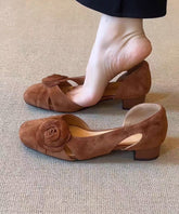 French Caramel Hollow Out Floral Suede Chunky Sandals