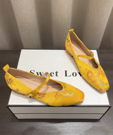 Yellow Embroidery Buckle Strap New Chunky Heel Shoes