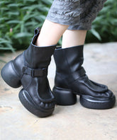 Black Cowhide Leather Boots Splicing Platform Boots