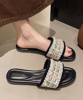 Black Faux Leather Splicing Slide Sandals Peep Toe Nail Bead
