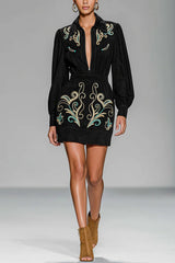 Embroidered Floral Pattern Long-sleeved Fitted Waist Mini Dress