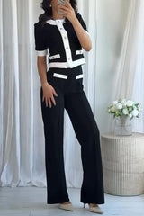 Contrast Color Stretch High Waist Casual Straight Pants