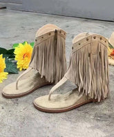 Tasseled Rivet Splicing Wedge Thong Sandals Apricot Suede