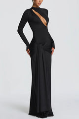 Cutout Fitted Long-sleeved Pleated Satin Ribbon Maxi Dresses