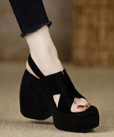 Stylish Splicing Wedge Heels Sandals Black Suede Peep Toe