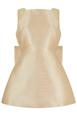 Mini waist cinching satin oversized bow detail square neck mini dress