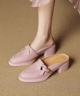 Pink Splicing Chunky Heel Cowhide Leather Slide Sandals