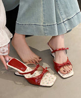 French Red Bow Splicing Faux Leather Wedge Slide Sandals