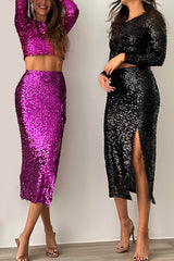 Solid Sequined Long-sleeved Crop Top and Slit Midi Skirt Set