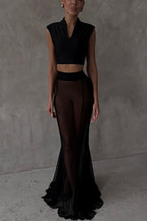 French chiffon fish tail eternal mesh high waisted elastic fish tail long skirt