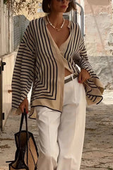 Comfortable and Effortless Striped Long Slit Sleeve Button Relaxed Loose Blouse