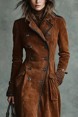 Suede Lapel Button Casual Pocket Long Trench Coat