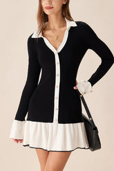 Color-blocked Long-sleeved Button-decorated Knitted Mini Dress