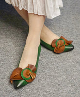 Comfy Green Cowhide Leather Pointed Toe Splicing Flat Shoes
