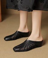 Black Wedge Sheepskin Art Splicing Tulle Slide Sandals