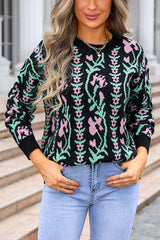 Floral Knitted Crew Neck Casual Sweater