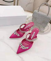 Rose Stiletto Satin Zircon Slide Sandals Pointed Toe