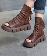 Black Boots Platform Cowhide Leather Peep Toe New