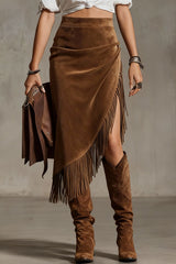 Suede Tassel Irregular Casual Midi Skirt
