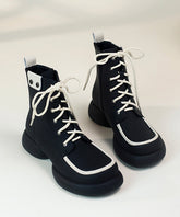 Black Cowhide Leather Splicing Boutique Lace Up Boots