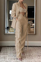 Lapel Long Sleeve Loose Jacket and Casual Pocket Lace-up Straight Leg Pants Set