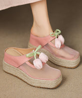 Pink Cowhide Leather Splicing Tulle Wedge Heels Slide Sandals