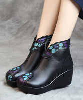 Splicing Wedge Boots Blue Floral Cowhide Leather