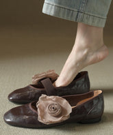 Women Floral Splicing Flats Brown Cowhide Leather