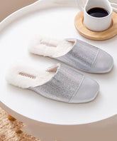 Silver Slippers Shoes Splicing Fuzzy Wool Lined