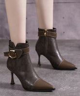 Khaki Boots High Heel Faux Leather Splicing