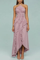 consonak Strappy Halter Neck Ruffle Trim Asymmetric Hem Pleated Maxi Dress