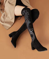 Retro Black Embroidered Chunky Knee Boots