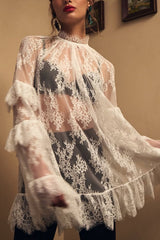 See-through Lace Loose Long-sleeved Mini Dress