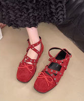 Red Suede Bow Cross Strap Rivet Splicing Flat Feet Shoes