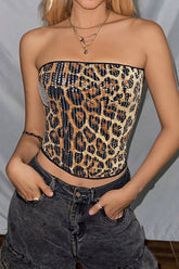 Sequined Leopard Print Off-shoulder Fitted Crop Top