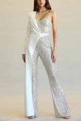 Sequined Patchwork One-sided Long-sleeved Asymmetrical Jumpsuit